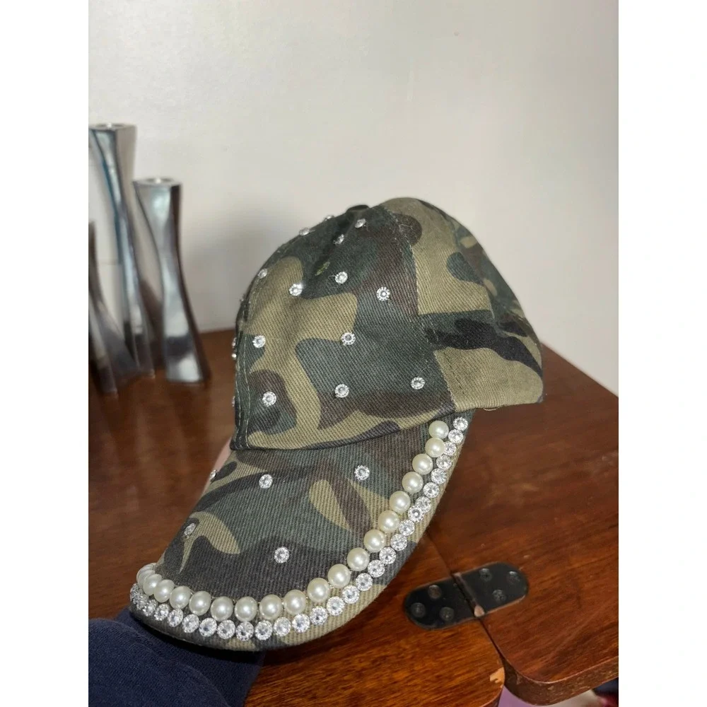 Camo Baseball Hat Womens Sz OS Green Rhinestone Pearl Excellent Bling‎